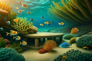 een onderwater- tafereel met een bank en koraal riffen. ai-gegenereerd foto