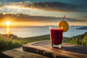 een glas van sap met een zonsondergang in de achtergrond. ai-gegenereerd foto