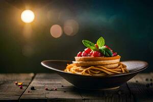 pasta met tomaat saus en basilicum bladeren Aan een houten tafel. ai-gegenereerd foto