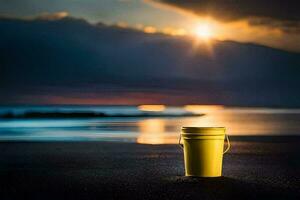 een geel emmer zit Aan de strand Bij zonsondergang. ai-gegenereerd foto