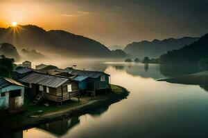 een mooi zonsopkomst over- een rivier- en sommige klein huizen. ai-gegenereerd foto