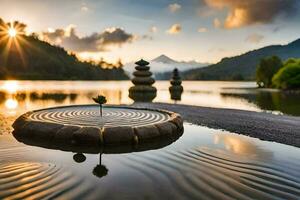 een steen beeldhouwwerk zit Aan de water Bij zonsondergang. ai-gegenereerd foto