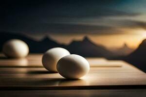 drie ballen zitten Aan een tafel in voorkant van een berg. ai-gegenereerd foto