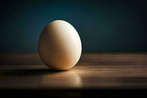 een ei zittend Aan een tafel in voorkant van een donker achtergrond. ai-gegenereerd foto