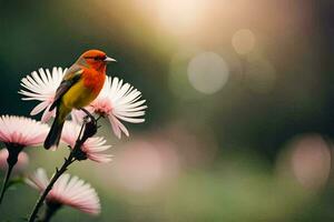 een vogel is neergestreken Aan een bloem in de zon. ai-gegenereerd foto