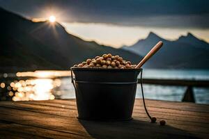 een emmer van noten Aan een houten tafel met de zon instelling achter het. ai-gegenereerd foto