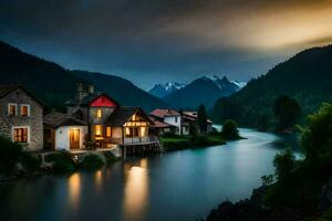 een huis zit Aan de rand van een rivier- Bij nacht. ai-gegenereerd foto