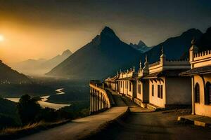 de zon sets over- een berg reeks en een weg leidend naar een klooster. ai-gegenereerd foto