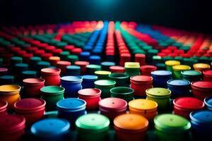 een groot groep van kleurrijk plastic kopjes. ai-gegenereerd foto