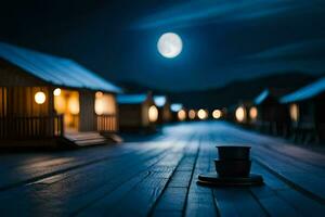 een kop van koffie zit Aan een houten tafel in voorkant van een houten huis. ai-gegenereerd foto