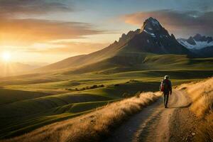 een Mens wandelingen Aan een aarde weg in de bergen. ai-gegenereerd foto