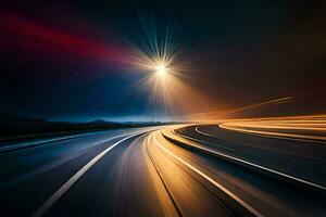 een lang blootstelling fotograaf van een snelweg Bij nacht. ai-gegenereerd foto