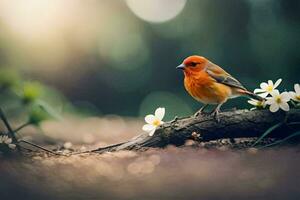 foto behang vogel, bloemen, de zon, lente, de Woud, de vogel, de vogel. ai-gegenereerd