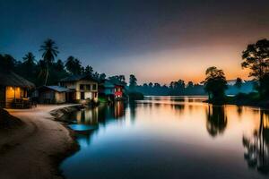 een rivier- Bij zonsondergang met huizen en palm bomen. ai-gegenereerd foto