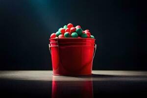 een rood emmer gevulde met rood en groen Kerstmis ballen. ai-gegenereerd foto
