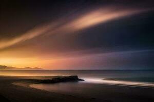 een lang blootstelling fotograaf van de oceaan Bij zonsondergang. ai-gegenereerd foto