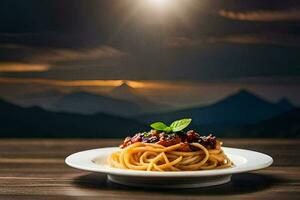 spaghetti met tomaat saus Aan een bord. ai-gegenereerd foto