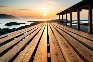 een houten pier met de zon instelling over- de oceaan. ai-gegenereerd foto