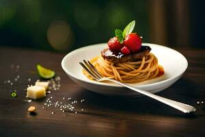 een bord van spaghetti met aardbeien en kaas. ai-gegenereerd foto