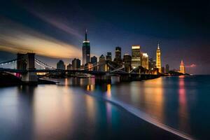 de stad horizon Bij nacht met de Brooklyn brug in de voorgrond. ai-gegenereerd foto