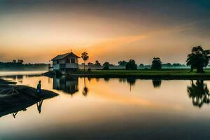 een huis Aan de rivier- Bij zonsondergang. ai-gegenereerd foto