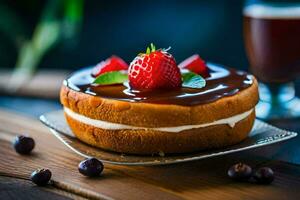 een taart met aardbeien en chocola Aan een houten tafel. ai-gegenereerd foto