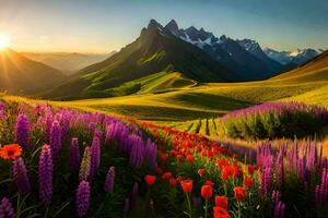 de zon schijnt over- een veld- van bloemen en bergen. ai-gegenereerd foto