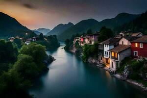 foto behang de lucht, bergen, rivier, huizen, de nacht, de bergen, de rivier. ai-gegenereerd