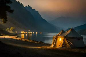 een tent is reeks omhoog Aan de kust van een meer Bij schemering. ai-gegenereerd foto