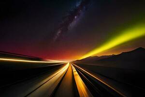 een trein op reis door de nacht met een kleurrijk licht. ai-gegenereerd foto