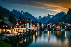 de stad- van Altenburg in de Alpen Bij zonsondergang. ai-gegenereerd foto