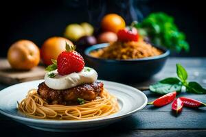 een bord van spaghetti met vlees en aardbeien. ai-gegenereerd foto