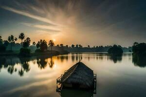 een klein boot zit Aan de water Bij zonsondergang. ai-gegenereerd foto