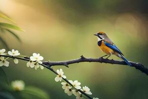 een vogel zit Aan een Afdeling met bloemen in de achtergrond. ai-gegenereerd foto