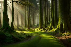 een pad door een Woud met bomen en zonlicht. ai-gegenereerd foto