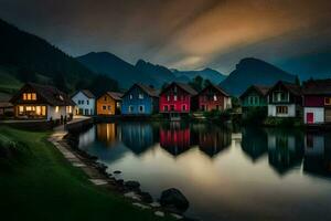 foto behang de lucht, bergen, meer, de dorp, de huis, de huis, de. ai-gegenereerd