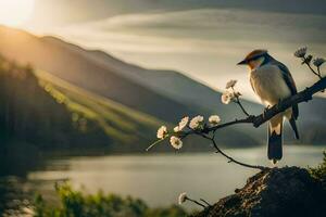 foto behang de lucht, vogel, meer, bergen, vogel, vogel, vogel, vogel,. ai-gegenereerd