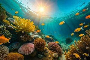 de zon schijnt over- een koraal rif met vis en koralen. ai-gegenereerd foto