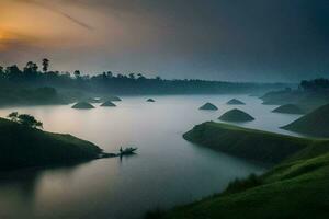 de zonsopkomst over- de meer in Indonesië. ai-gegenereerd foto