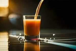 oranje sap wezen gegoten in een glas. ai-gegenereerd foto