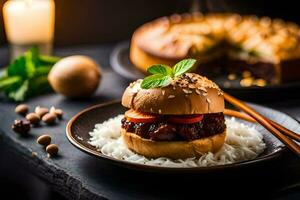 een hamburger met rijst- en groenten Aan een bord. ai-gegenereerd foto