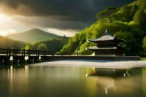 een pagode zit Aan een brug over- een meer. ai-gegenereerd foto