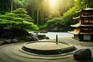 een Japans tuin met een pagode en een vijver. ai-gegenereerd foto