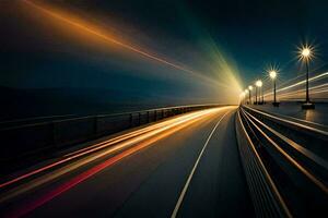 een lang blootstelling fotograaf van een snelweg Bij nacht. ai-gegenereerd foto