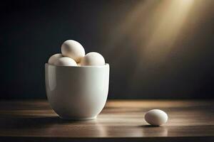 eieren in een kop Aan een tafel. ai-gegenereerd foto