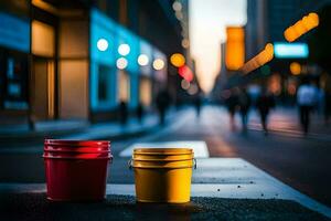 twee emmers zitten Aan de straat in voorkant van een bezig stad. ai-gegenereerd foto