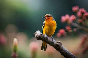 een klein oranje en geel vogel is zittend Aan een Afdeling. ai-gegenereerd foto