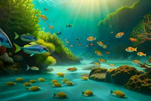 onderwater- tafereel met vis en koraal. ai-gegenereerd foto