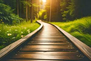 een houten pad in de bossen met zon schijnt. ai-gegenereerd foto