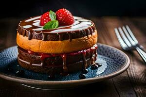 een chocola taart met aardbeien Aan een bord. ai-gegenereerd foto